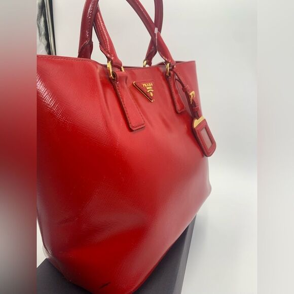 Prada Saffiano Vernice Rosso Red Leather Tote Bag Auth Preloved Patent Purse - Picture 8 of 15
